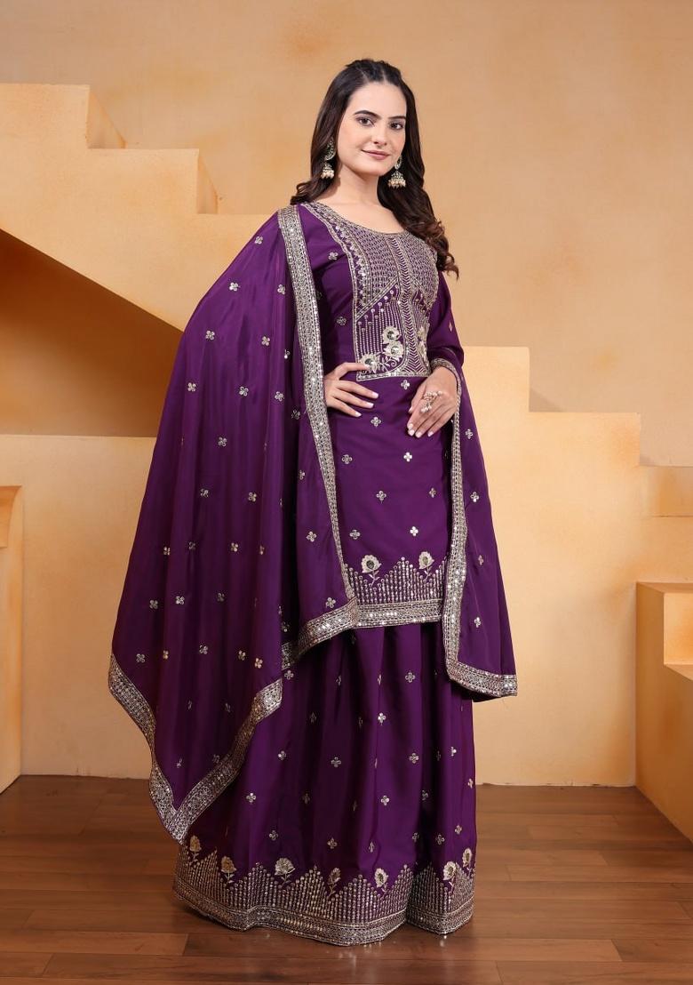 Purple Embroidered Sequence Silk Sharara Set - Indya