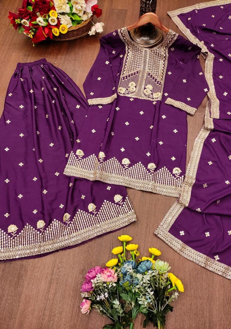 Purple Embroidered Sequence Silk Sharara Set - Indya