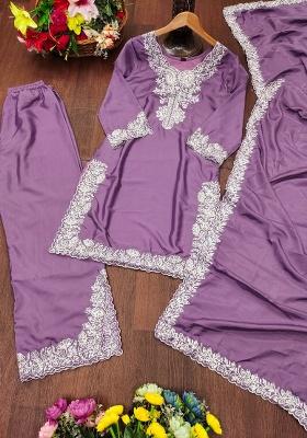 Light Lavender Embroidered Sequence Silk Plazzo Set