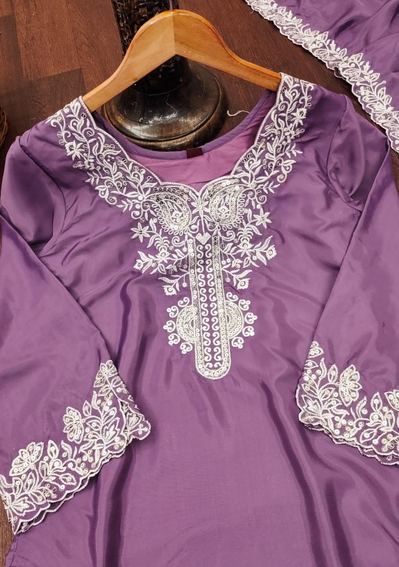 Light Lavender Embroidered Sequence Silk Plazzo Set - Indya