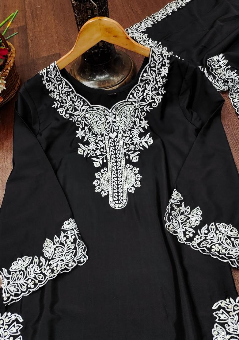 Black Embroidered Sequence Silk Plazzo Set - Indya