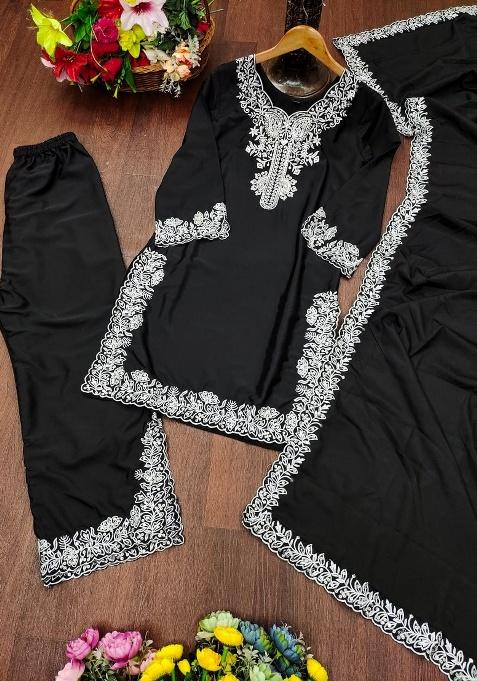 Black Embroidered Sequence Silk Plazzo Set