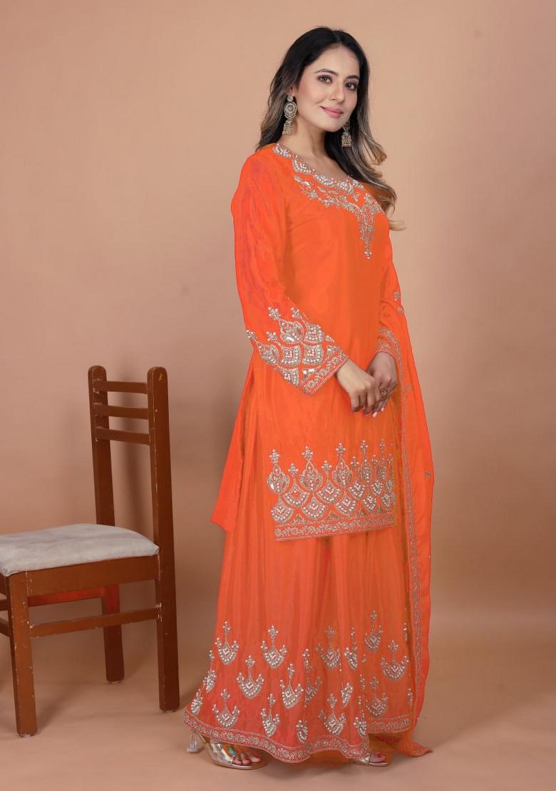 Orange Embroidered Sequence Silk Sharara Set - Indya