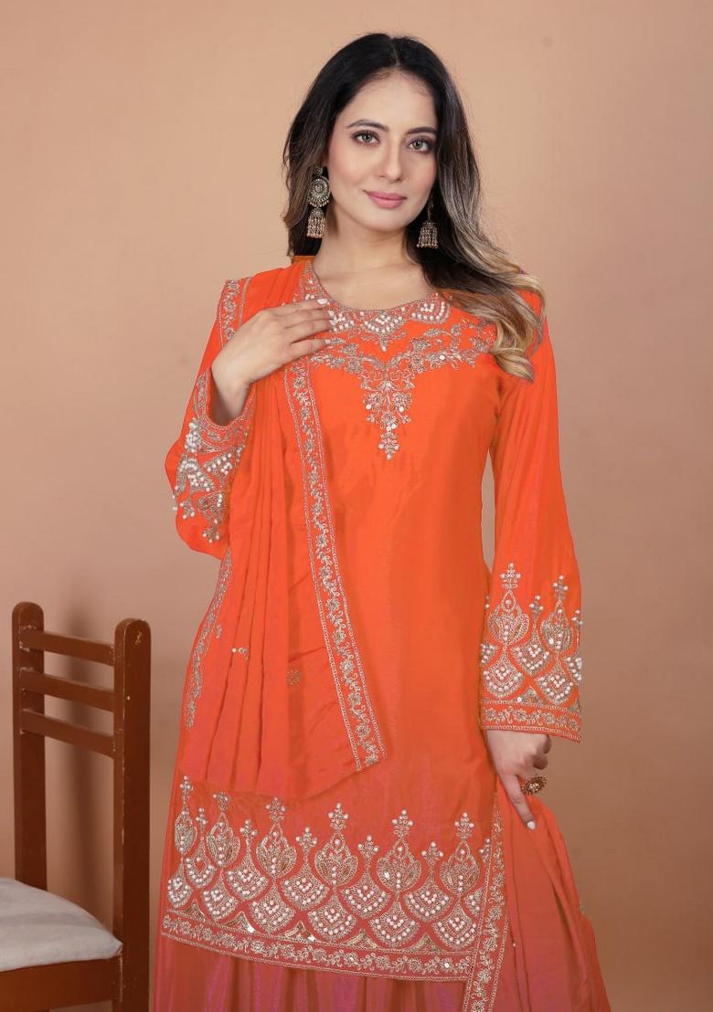 Orange Embroidered Sequence Silk Sharara Set - Indya