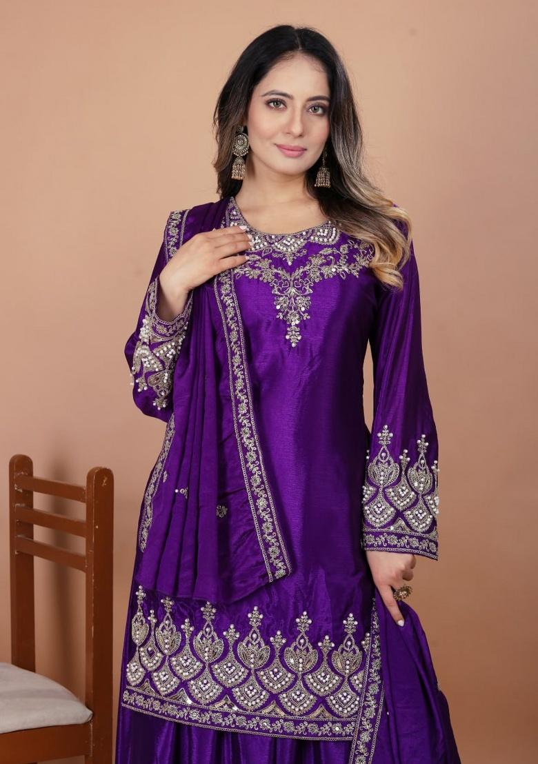 Violet Embroidered Sequence Silk Sharara Set - Indya