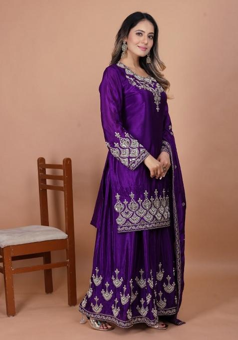 Violet Embroidered Sequence Silk Sharara Set