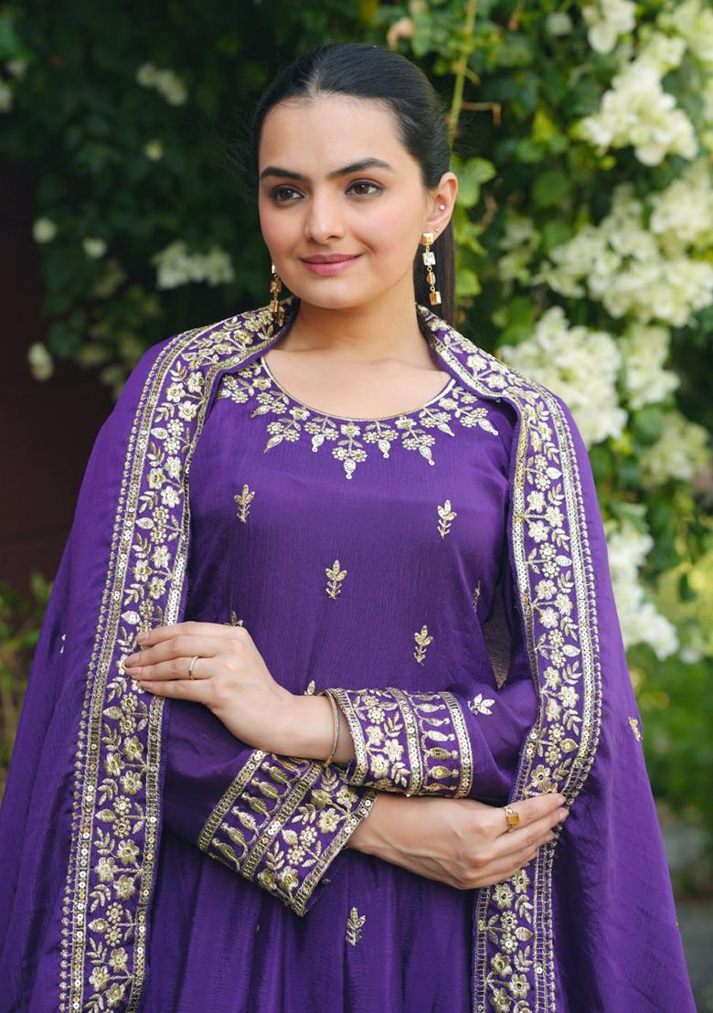 Violet Embroidered Sequence Silk Anarkali Set With Dupatta - Indya