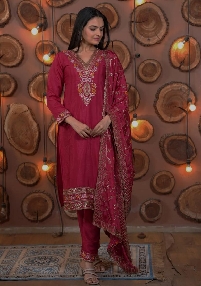 Pink Embroidered Sequence Silk Salwar Kameez With Dupatta - Indya