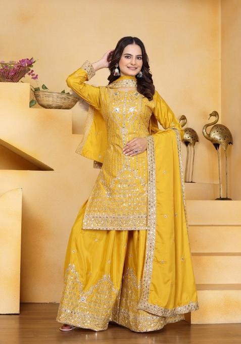 Yellow Embroidered Sequence Silk Sharara Set