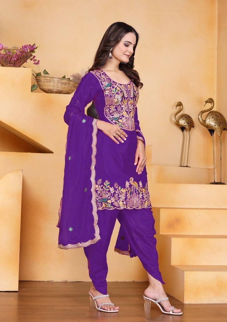 Purple Embroidered Sequence Silk Kurta Set - Indya