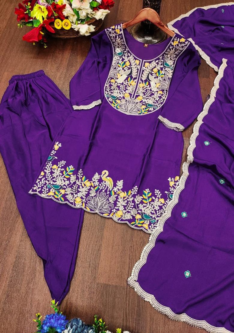 Purple Embroidered Sequence Silk Kurta Set - Indya