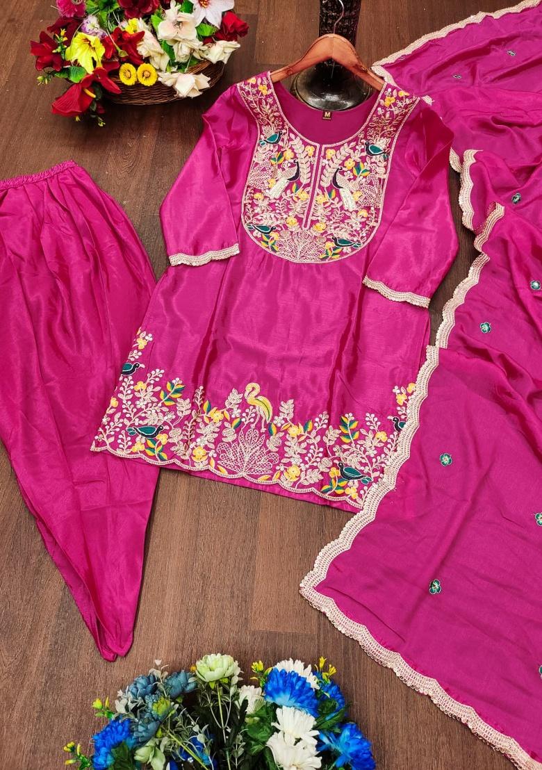 Wine Embroidered Sequence Silk Kurta Set - Indya
