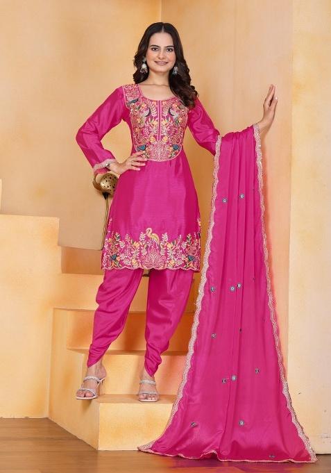 Wine Embroidered Sequence Silk Kurta Set