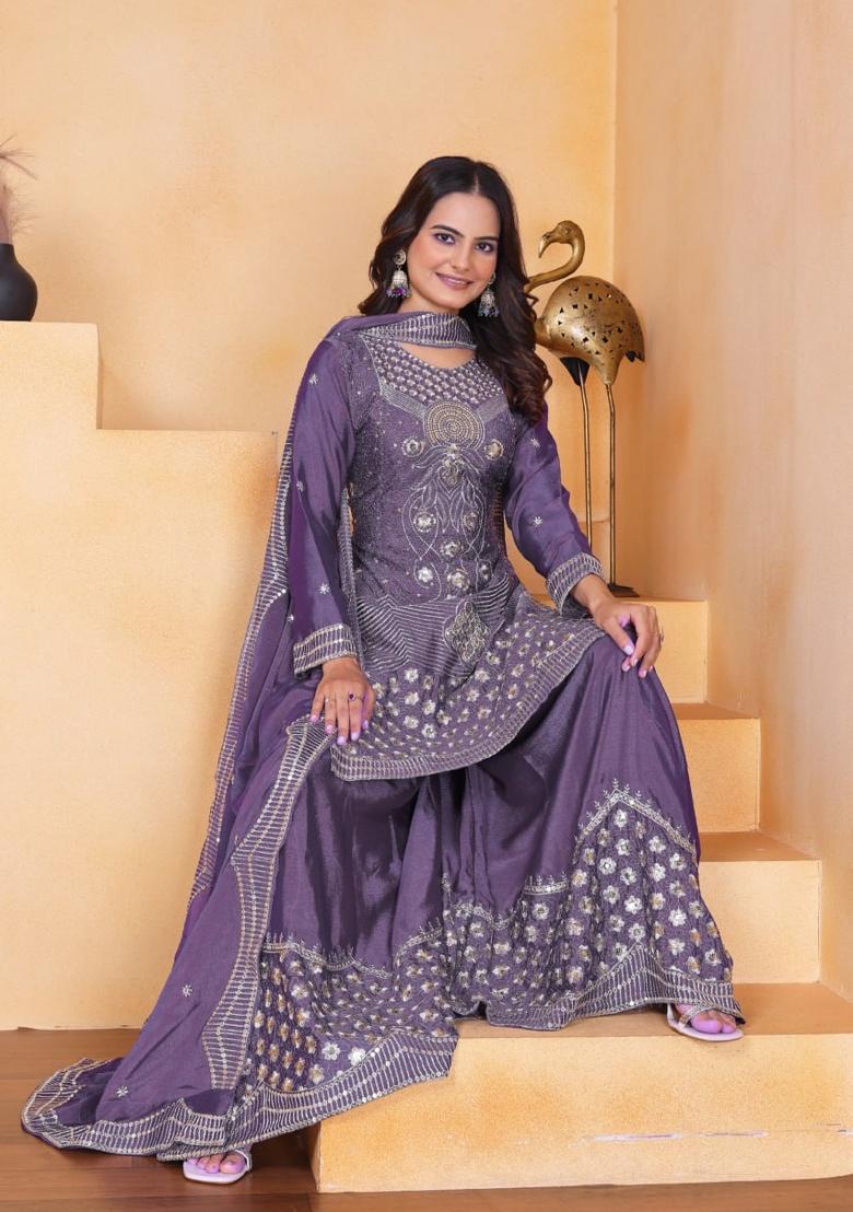 Lavender Embroidered Sequence Silk Sharara Set - Indya