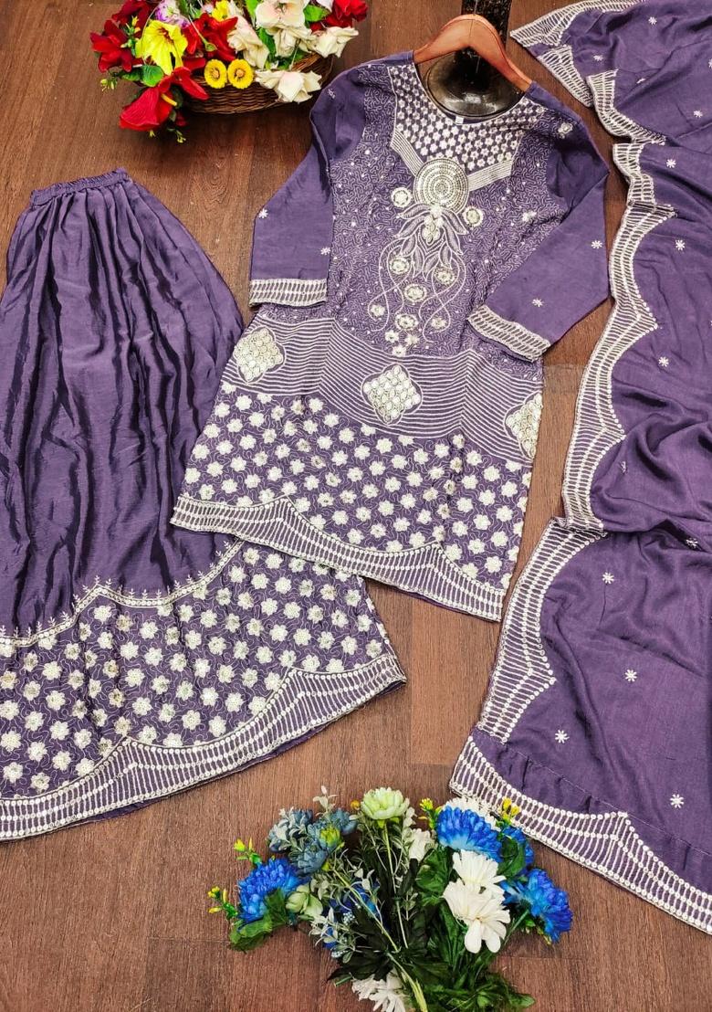 Lavender Embroidered Sequence Silk Sharara Set - Indya