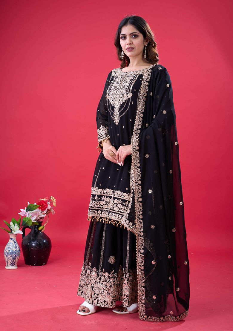 Black Embroidered Sequence Georgette Plazzo Set - Indya