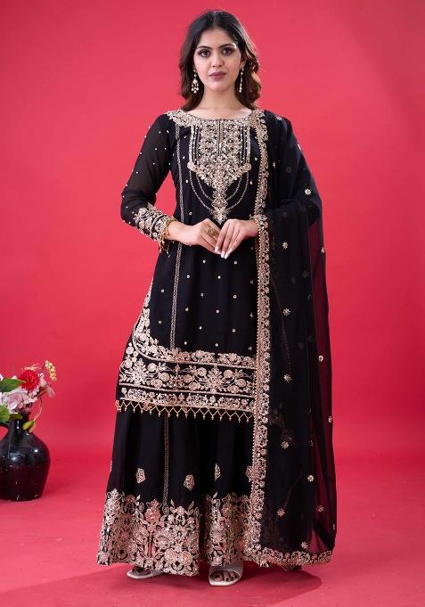 Black Embroidered Sequence Georgette Plazzo Set