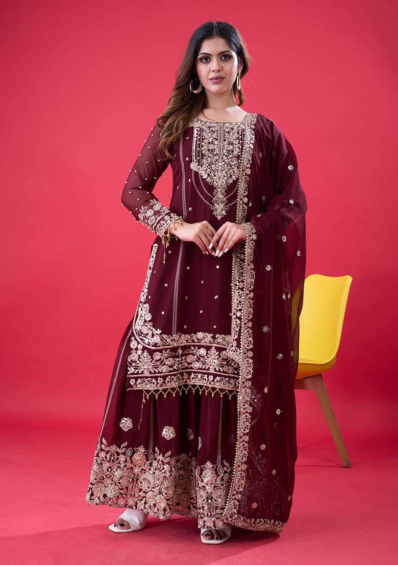 Coffee Embroidered Georgette Sharara Set - Indya