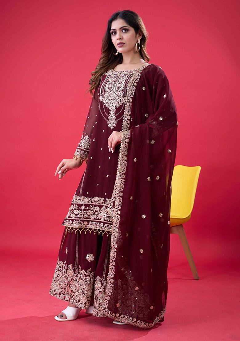 Coffee Embroidered Sequence Georgette Plazzo Set - Indya