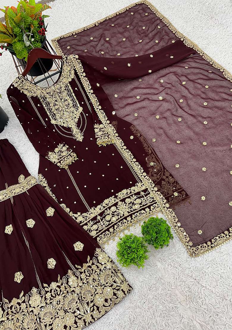 Coffee Embroidered Georgette Sharara Set - Indya