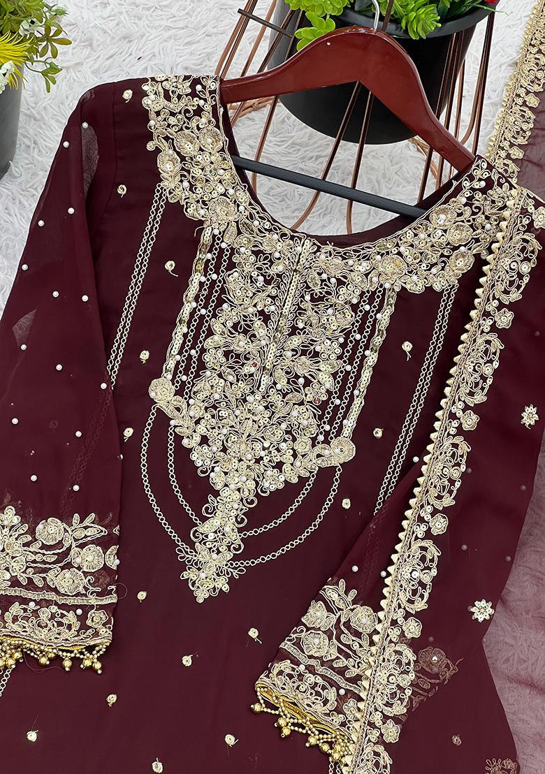 Coffee Embroidered Sequence Georgette Plazzo Set - Indya