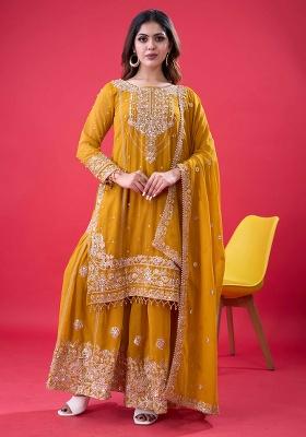 Yellow Embroidered Sequence Georgette Plazzo Set