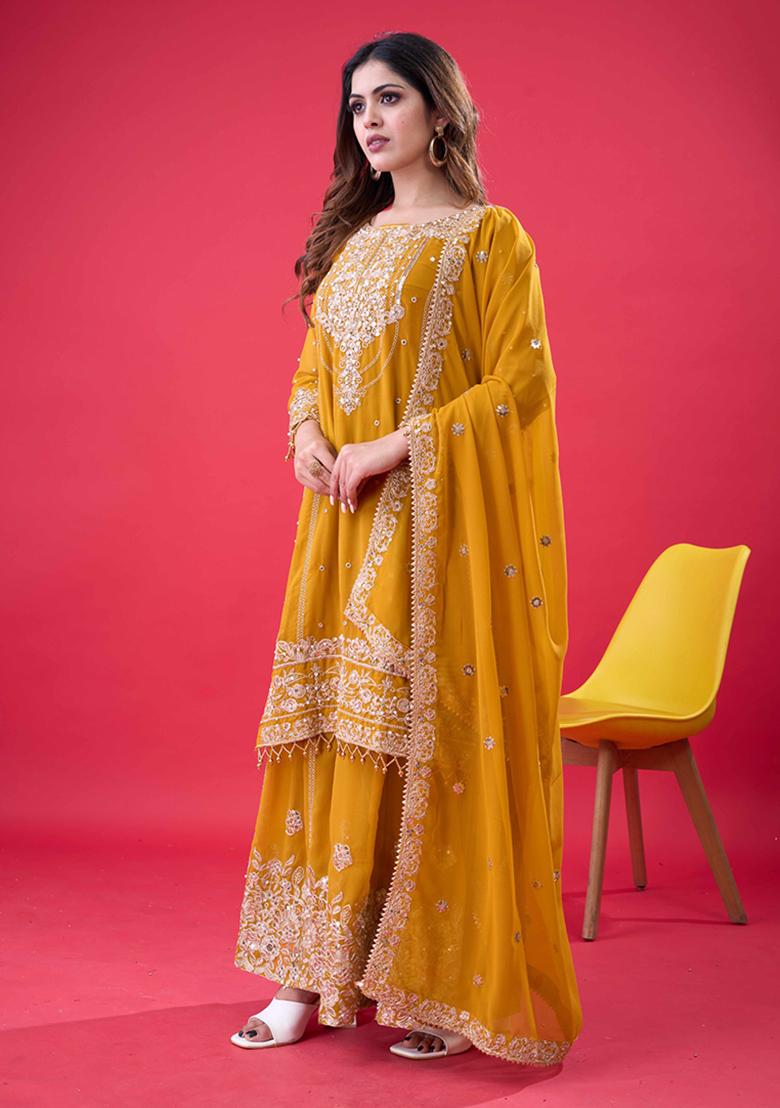 Yellow Embroidered Sequence Georgette Plazzo Set - Indya