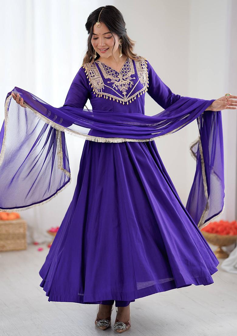 Blue Motif Silk Anarkali Set With Dupatta - Indya