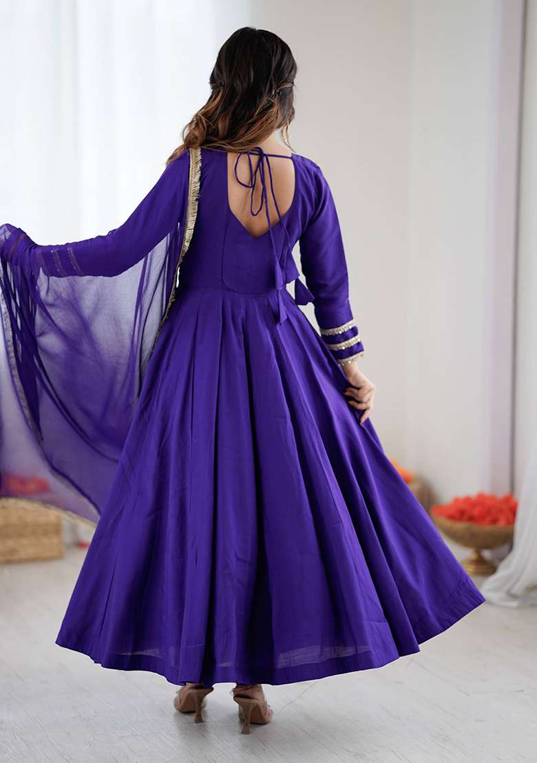 Blue Embroidered Silk Blend Anarkali Set - Indya