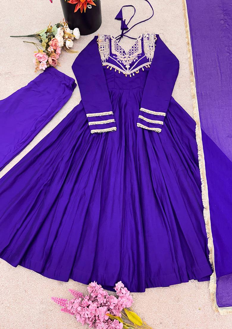 Blue Motif Silk Anarkali Set With Dupatta - Indya