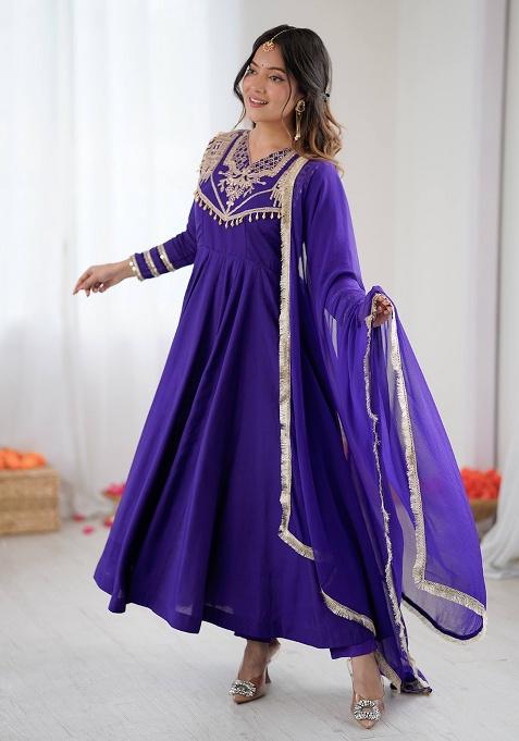 Blue Motif Silk Anarkali Set With Dupatta