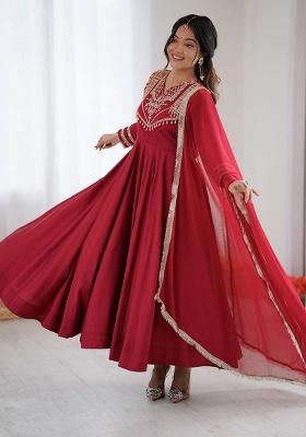 Red Motif Silk Anarkali Set With Dupatta