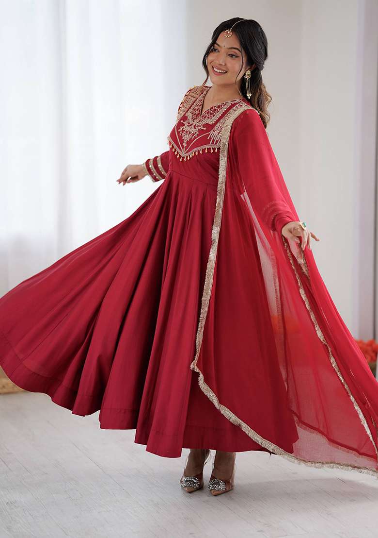 Red Embroidered Silk Blend Anarkali Set - Indya