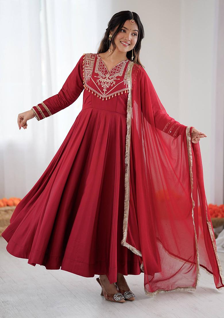 Red Motif Silk Anarkali Set With Dupatta - Indya