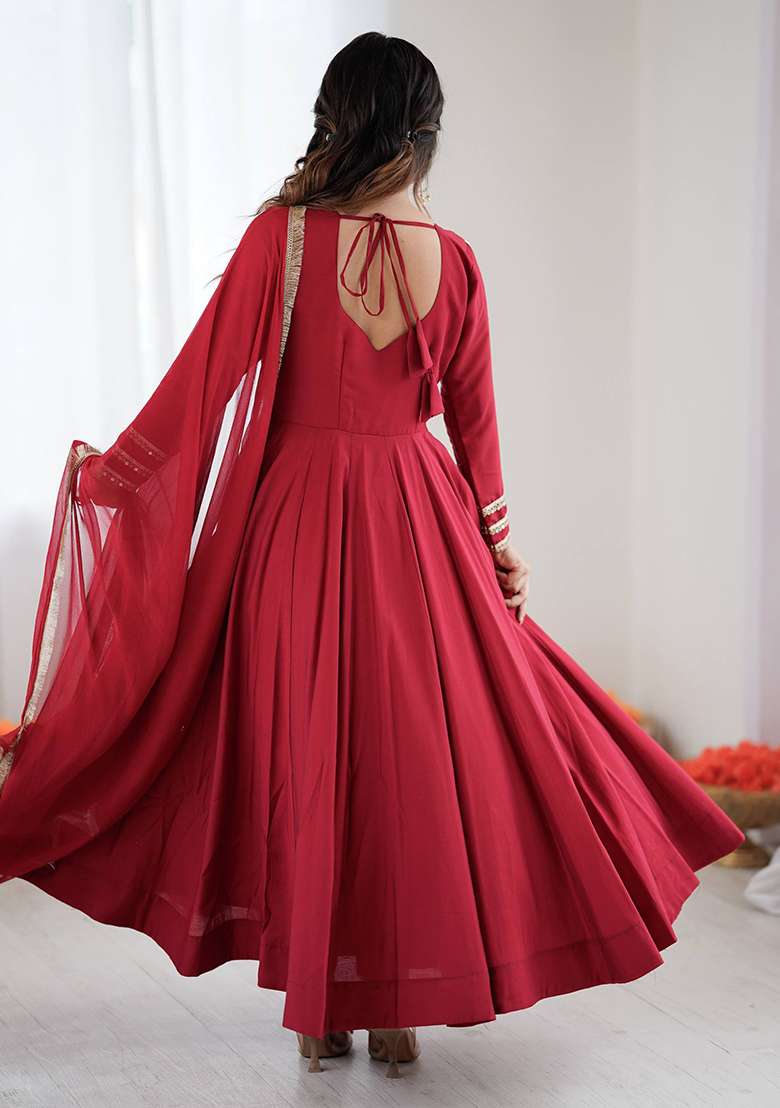 Red Embroidered Silk Blend Anarkali Set - Indya