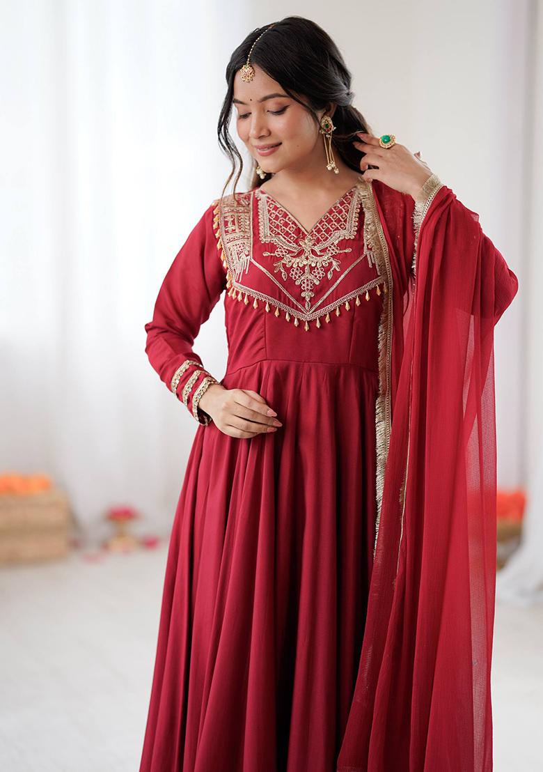 Red Motif Silk Anarkali Set With Dupatta - Indya
