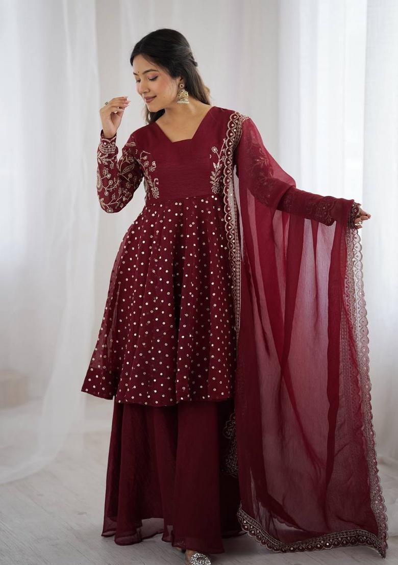 Maroon Embroidered Sequence Silk Sharara Set - Indya