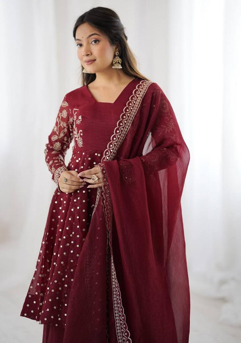 Maroon Embroidered Sequence Silk Sharara Set - Indya