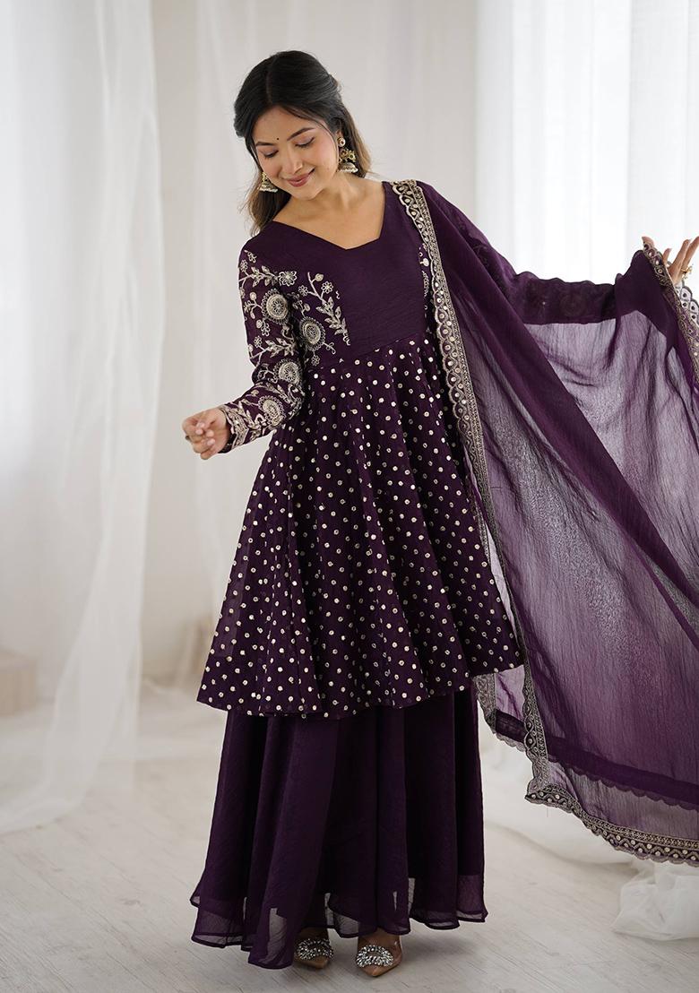 Purple Embroidered Sequence Silk Sharara Set - Indya