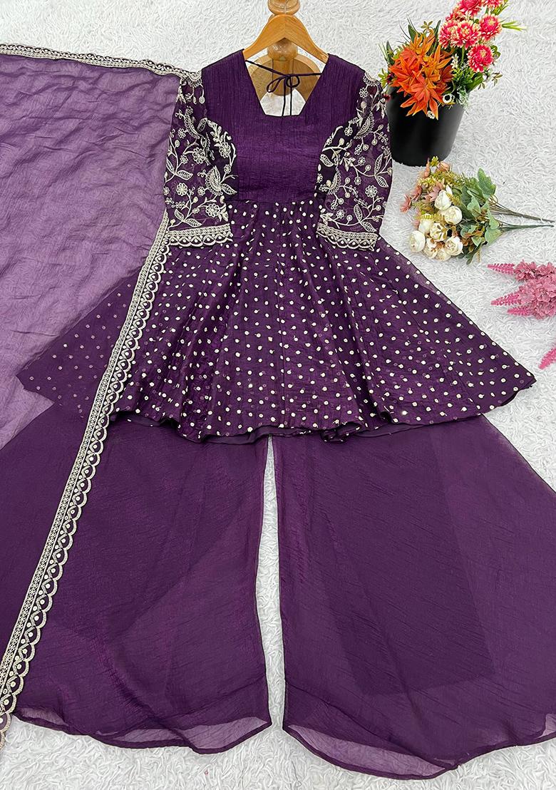 Purple Embroidered Sequence Silk Sharara Set - Indya