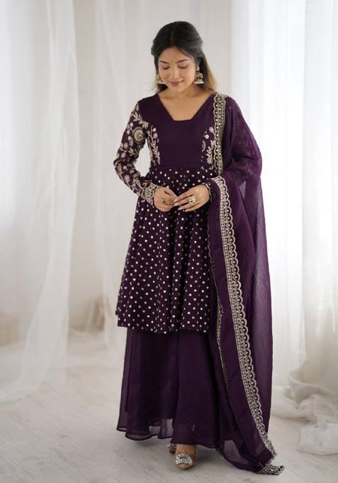 Purple Embroidered Sequence Silk Sharara Set