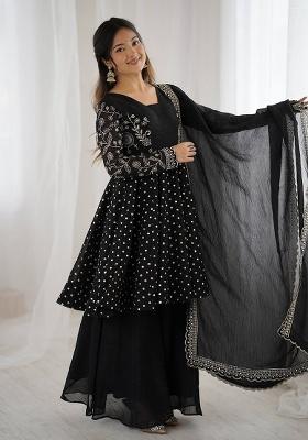 Black Embroidered Sequence Silk Sharara Set