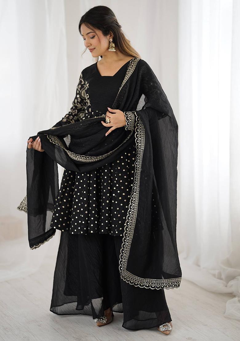 Black Embroidered Sequence Silk Sharara Set - Indya