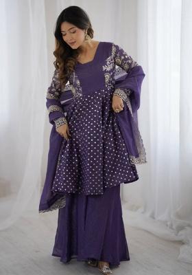 Violet Embroidered Sequence Silk Sharara Set