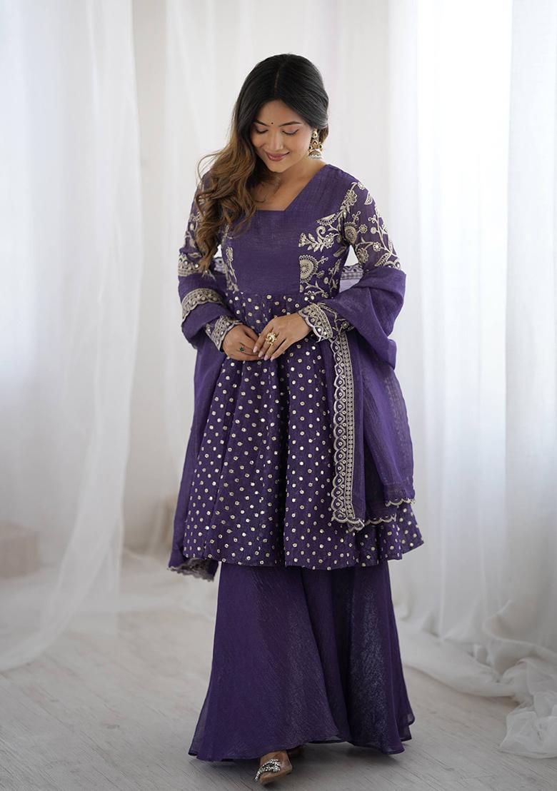 Violet Embroidered Sequence Silk Sharara Set - Indya
