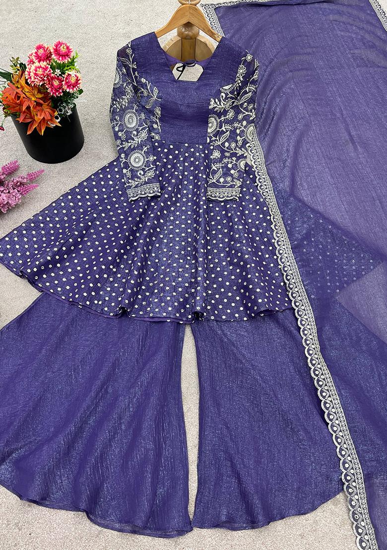 Violet Embroidered Sequence Silk Sharara Set - Indya