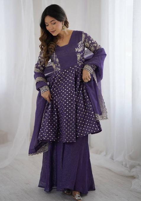 Violet Embroidered Sequence Silk Sharara Set