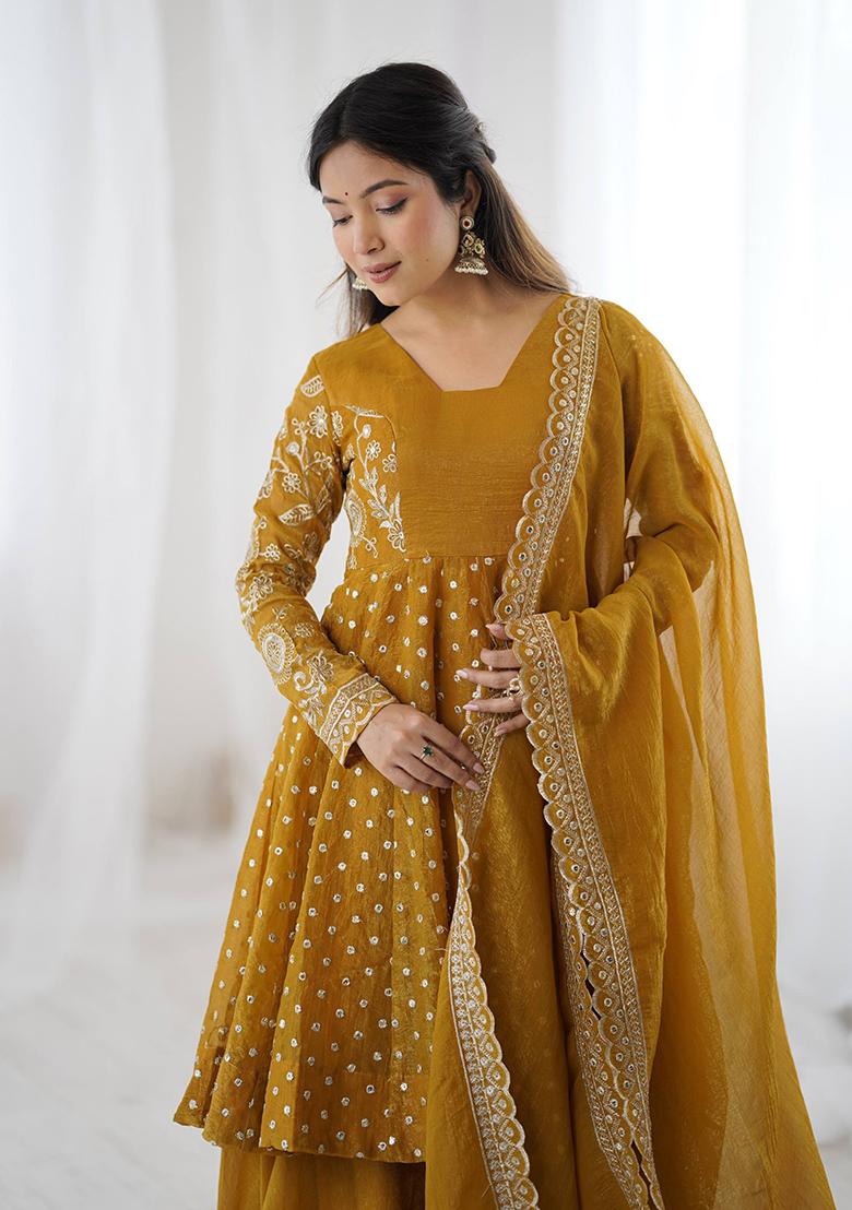Yellow Embroidered Sequence Silk Sharara Set - Indya