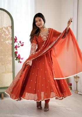 Red Embroidered Sequence Georgette Anarkali Set With Dupatta