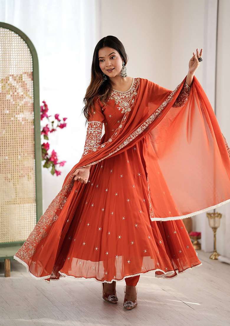Red Embroidered Georgette Anarkali Set - Indya